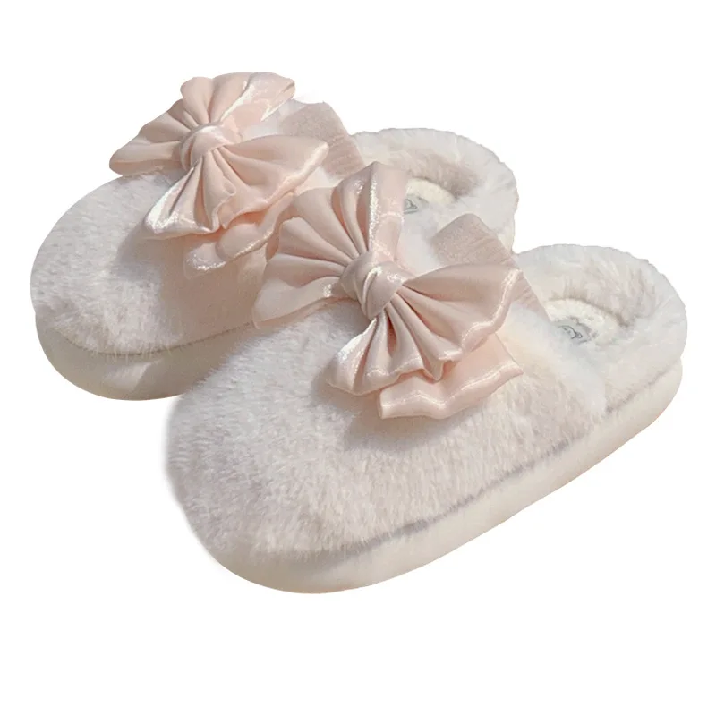 Cute bow plush warm cotton shoes indoor home leisure comfortable winter cotton slippers women