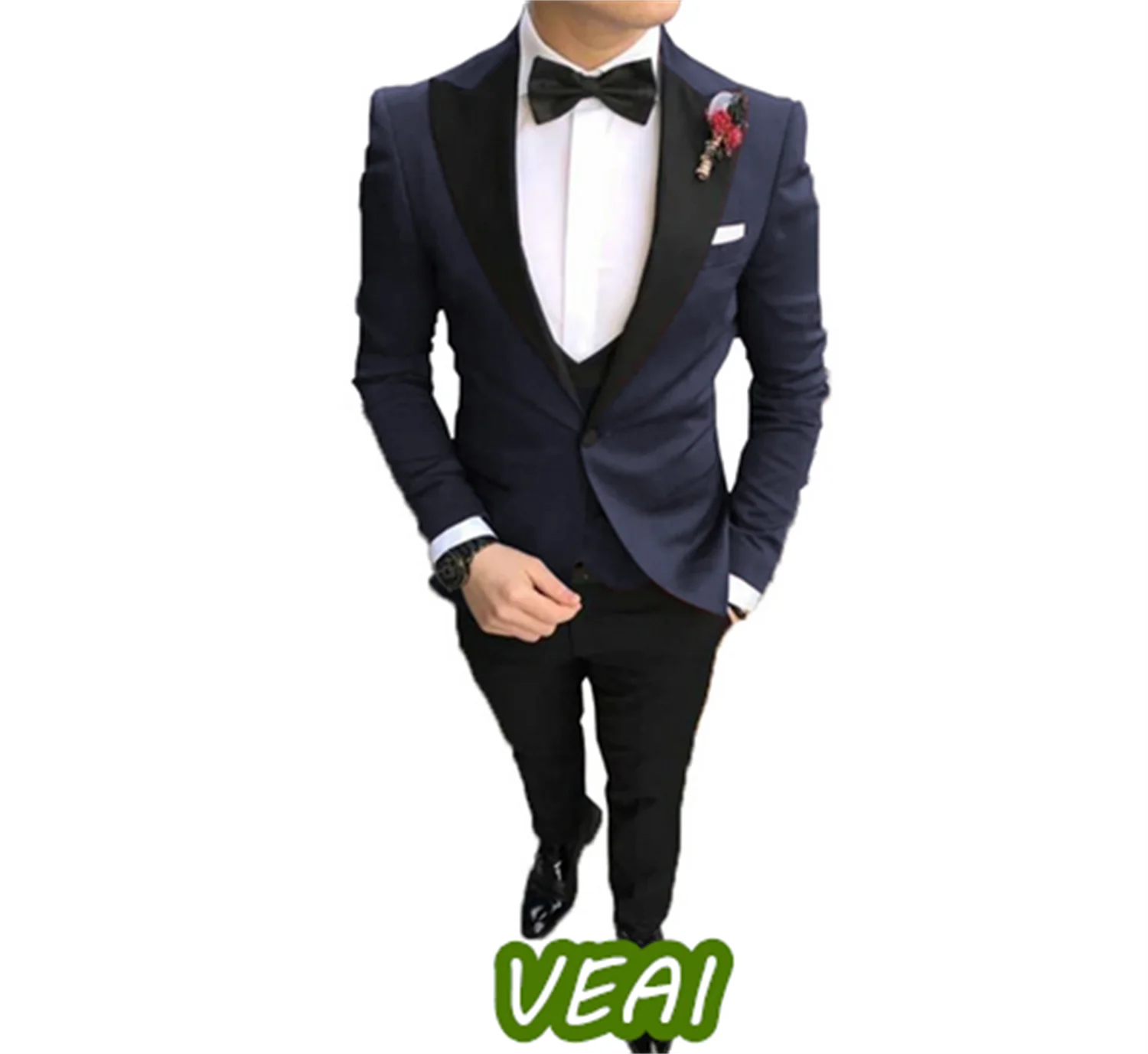 بدلة رجالية غير رسمية كحلي مخصصة بقصة ضيقة وطية صدر السترة للحفلات الراقصة طقم مكون من 3 قطع لزفاف العرسان (سترة + سترة + بنطلون) #1