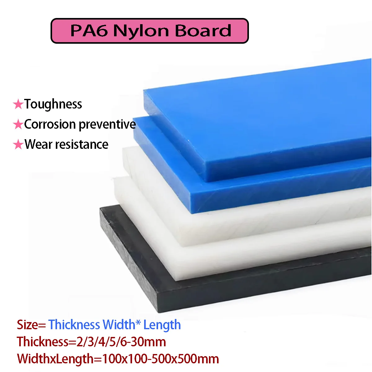 White Nylon  Square Board PA6 Blue Pure Nylon Sheet Black Cutting Processing Thickness=2/3/4/5/6-30mm