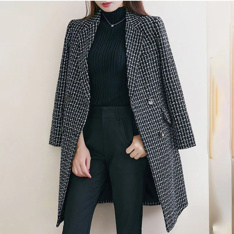 

Autumn Winter New Wool Trenchcoat Jacket Women's Overcoat Fashion Slim Slimming Plaid Mid-Length Wool Coat Outwear Casaco