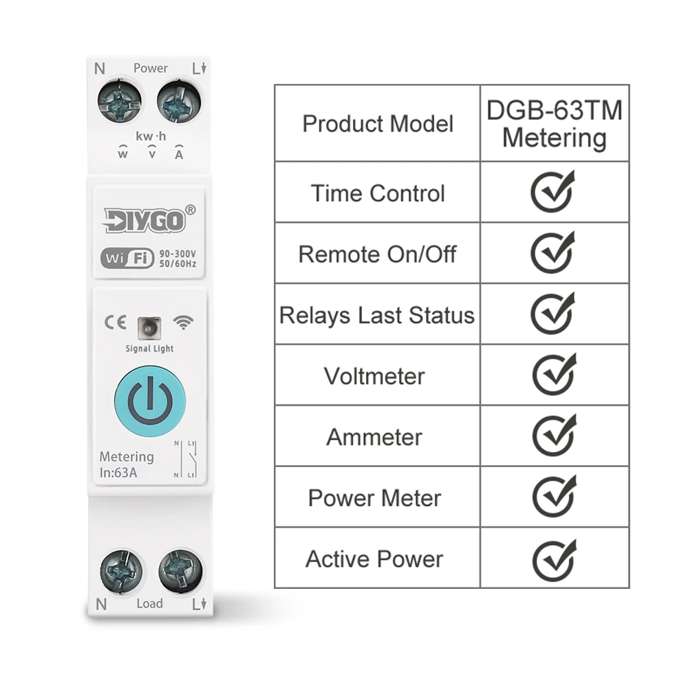 WiFi Smart Circuit Breaker Switch Tuya Voltage Current Protection Loop Timing Remote Control Metering Monitoring Home 1P+N 63A