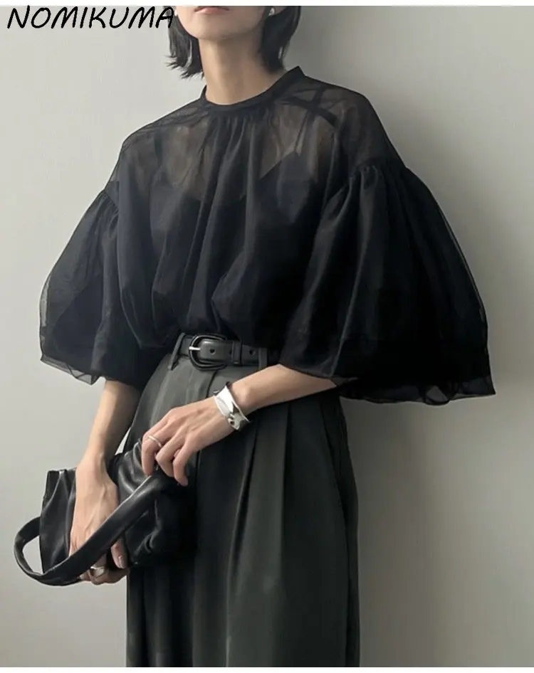 Nomikuma Japan Style Two Pieces Top Sets Women See Through Mesh Puff Sleeve Shirt + Basic Sling Vest 2023 Summer New Tops