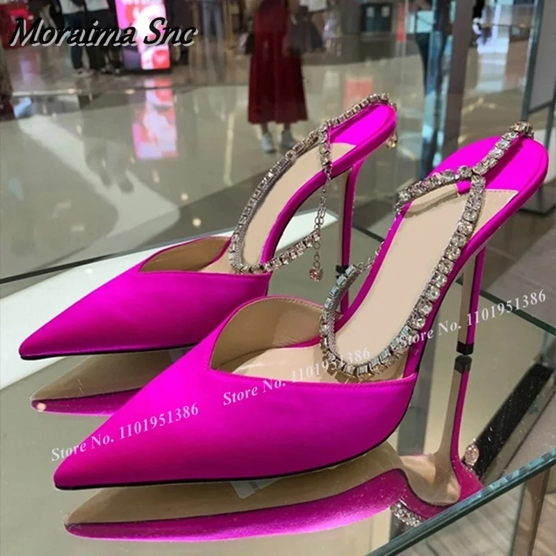 

Moraima Snc Pink Crystal Chain Decor Sandal Pumps Shoes for Women Ankle Strap Solid Stilettos High Heels Pointed Toe Sandals