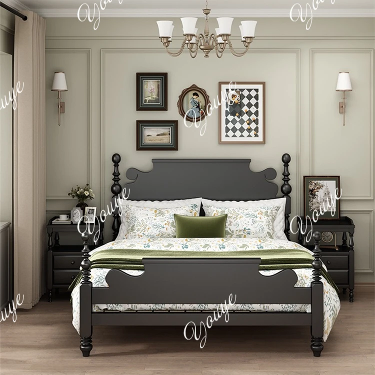 American pastoral solid wood Roman column bedroom black double bed custom fashion modern design French bed