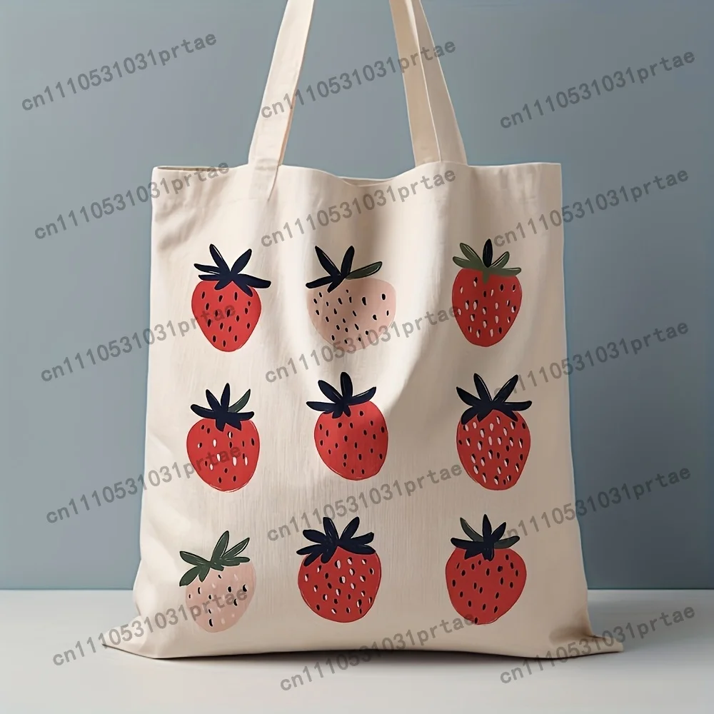 Strawberry Print Canvas Tote Bag - Leak-proof Design, Reusable Shopping Bag, Durable Polyester Canvas Shoulder Bag, Suitable for