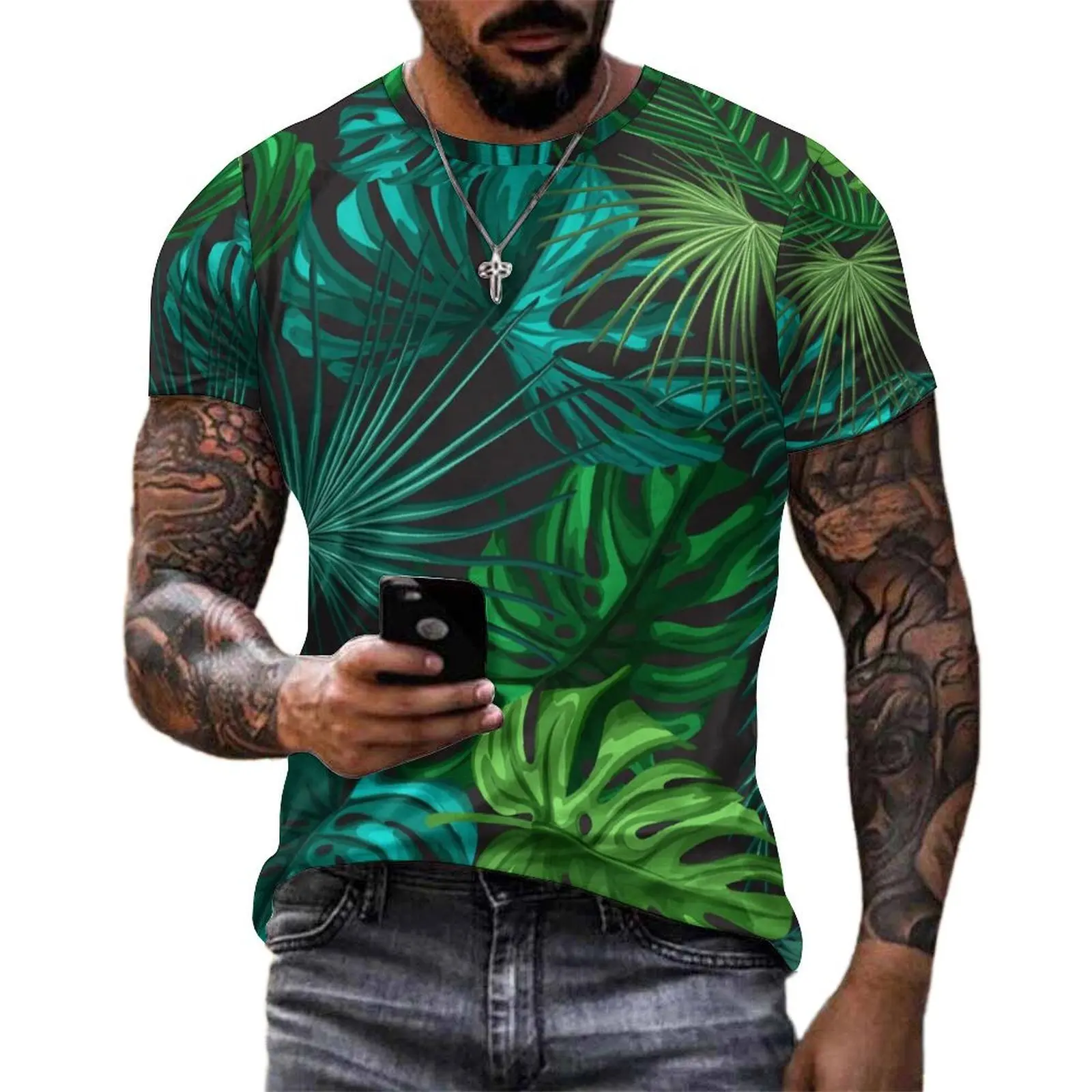 Men Green Palm Leaf T Shirt Tropical Print Harajuku T-Shirts Short Sleeves Pattern Tshirt Hot Sale Aesthetic Oversized Clothes
