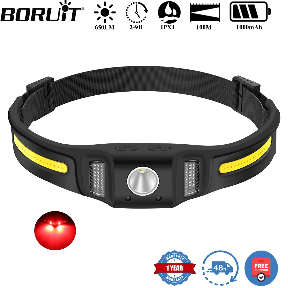 BORUiT GT30 650LM Sensor de movimiento LED faro tipo C recargable 1000mAh luz de trabajo faro impermeable Camping cabeza antorcha
