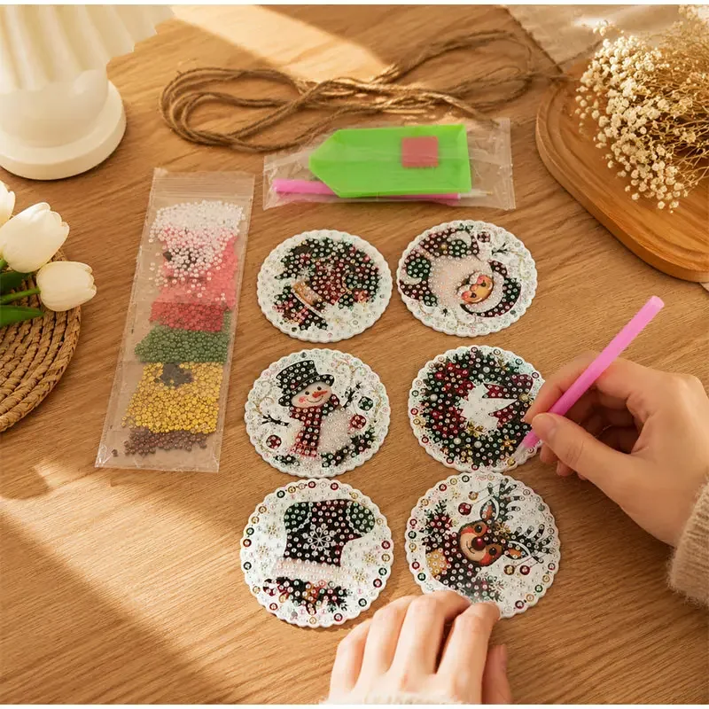 6Pcs 5D Full Round Drill Diamond Painting Kit DIY Christmas Hanging Ornaments Rhinestone Santa Snowman Reindeer Xmas Tree Decor