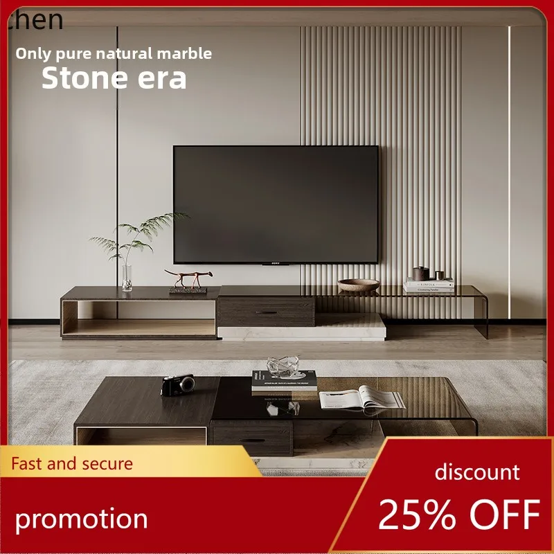 

HXL Natural marble coffee table, glass, solid wood combination, light luxury, stretchable, creative Wabisha style