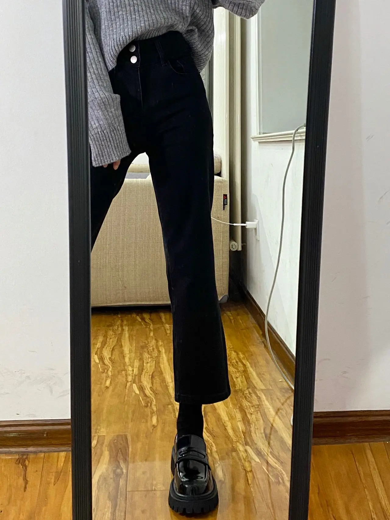 

Джинсовые джинсы больших размеров с высокой талией, женские осенние узкие прямые брюки-трубы с девятью трубкой, против морщин, для обслуживания апей, глубокий цвет