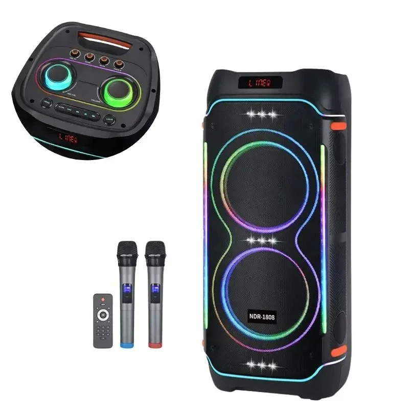 

8-Inch high-power wireless Bluetooth outdoor karaoke speaker with 2 microphones RGB lights stereo bass HIFI music party speaker