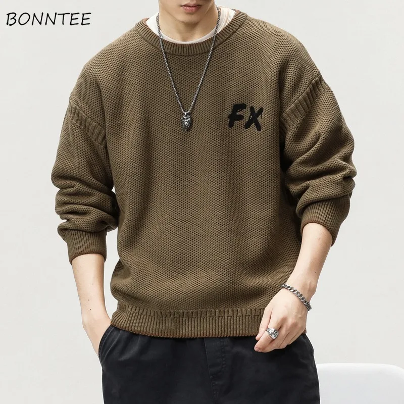 

Pullovers for Men Casual Letter New Trendy All-match Cool Boy Tops O-neck Warm Autumn Winter Korean Style Ins Loose Knitted Fit