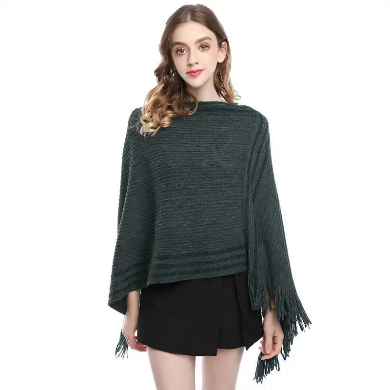 Korean Spring Autumn Hot Selling Imitation Wool Cloak Shawl Knitted Female Tassel Warm Covering Lady Coat Blackish Green