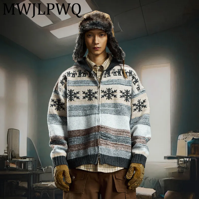 

MWJLPWQ Color-Block Hooded Knit Zipper Cardigan Sweater Male High Street Long Sleeve Lazy Casual Unisex Wool Coats 12616