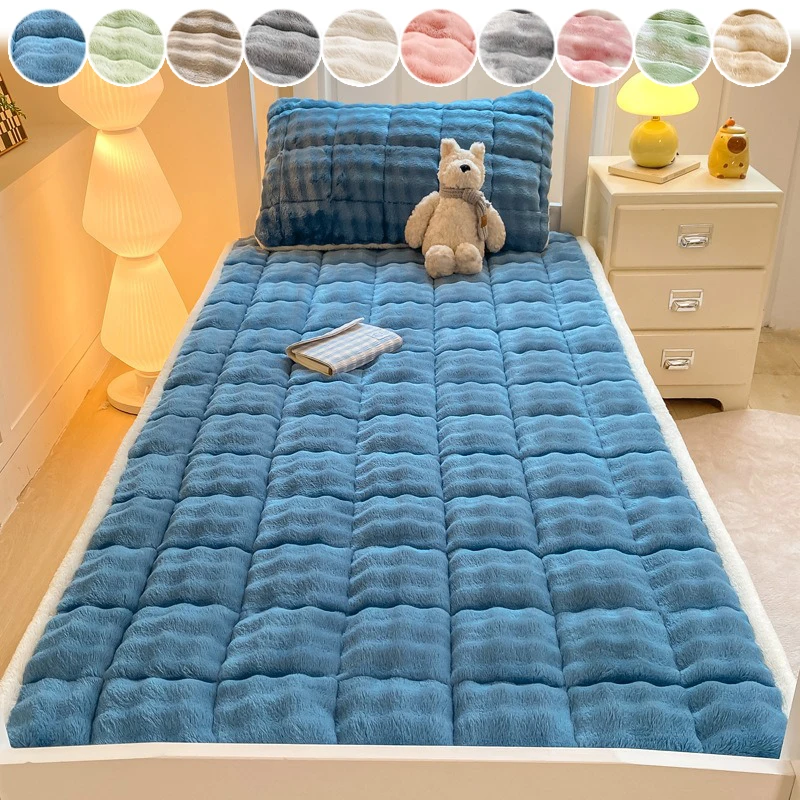 

Premium Faux Rabbit Fur Mattress Topper Winter Warm Plush Cover Anti Static Thick Padding for Dormitory Double Bed Home Decor