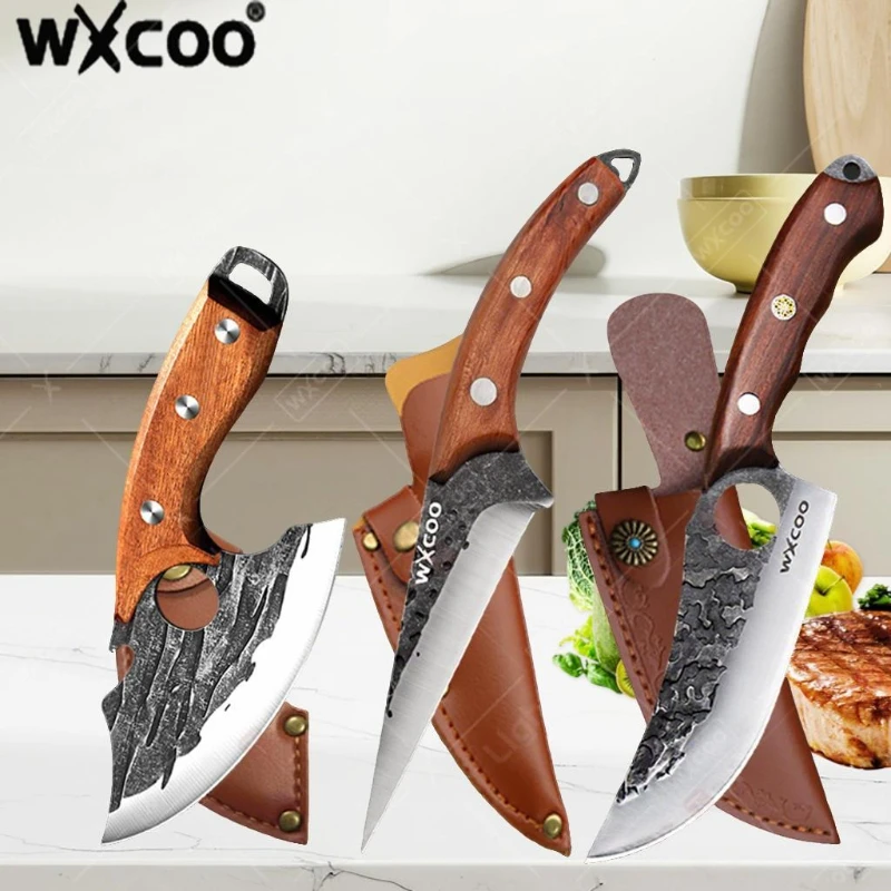 

WXCOO Light TOP Hand Forged Kitchen Knives Butcher Meat Cleaver Stainless Steel Boning Knife Wooden Handle Multipurpose BBQ
