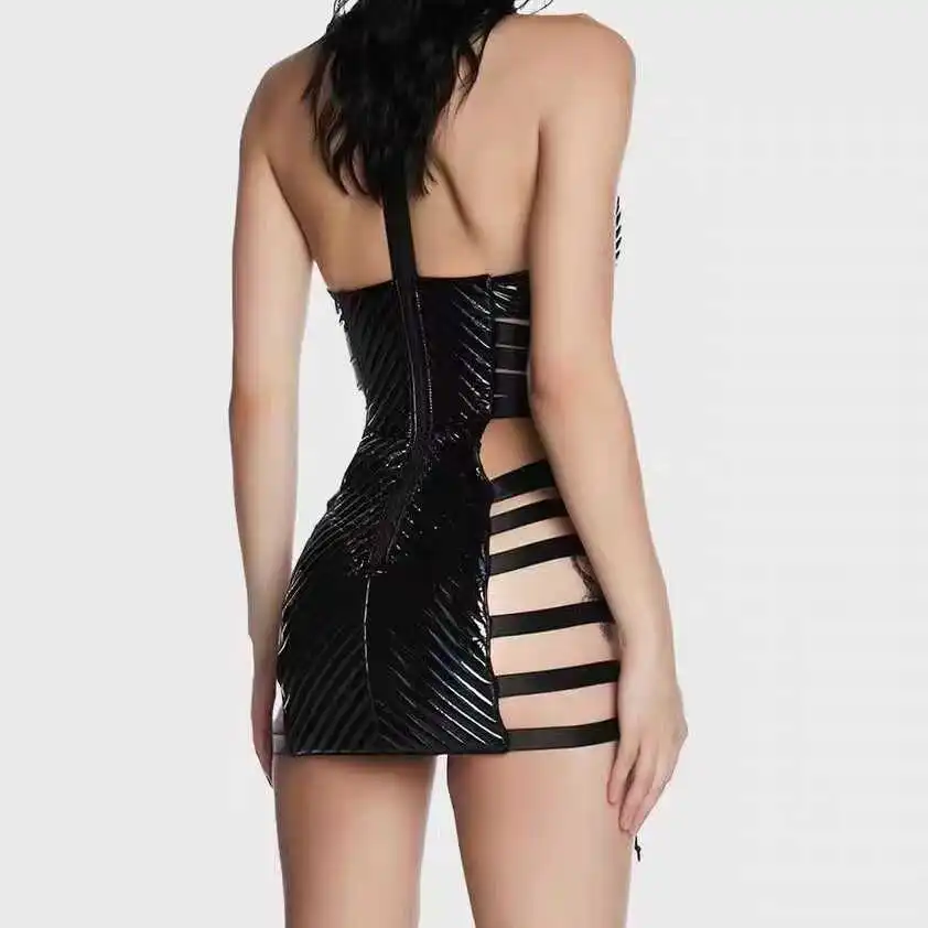 Saia de couro estilo gótico para meninas, alça oca, saia picante, lingwen, pescoço pendurado, saia curta para festival de música, comércio exterior, nova