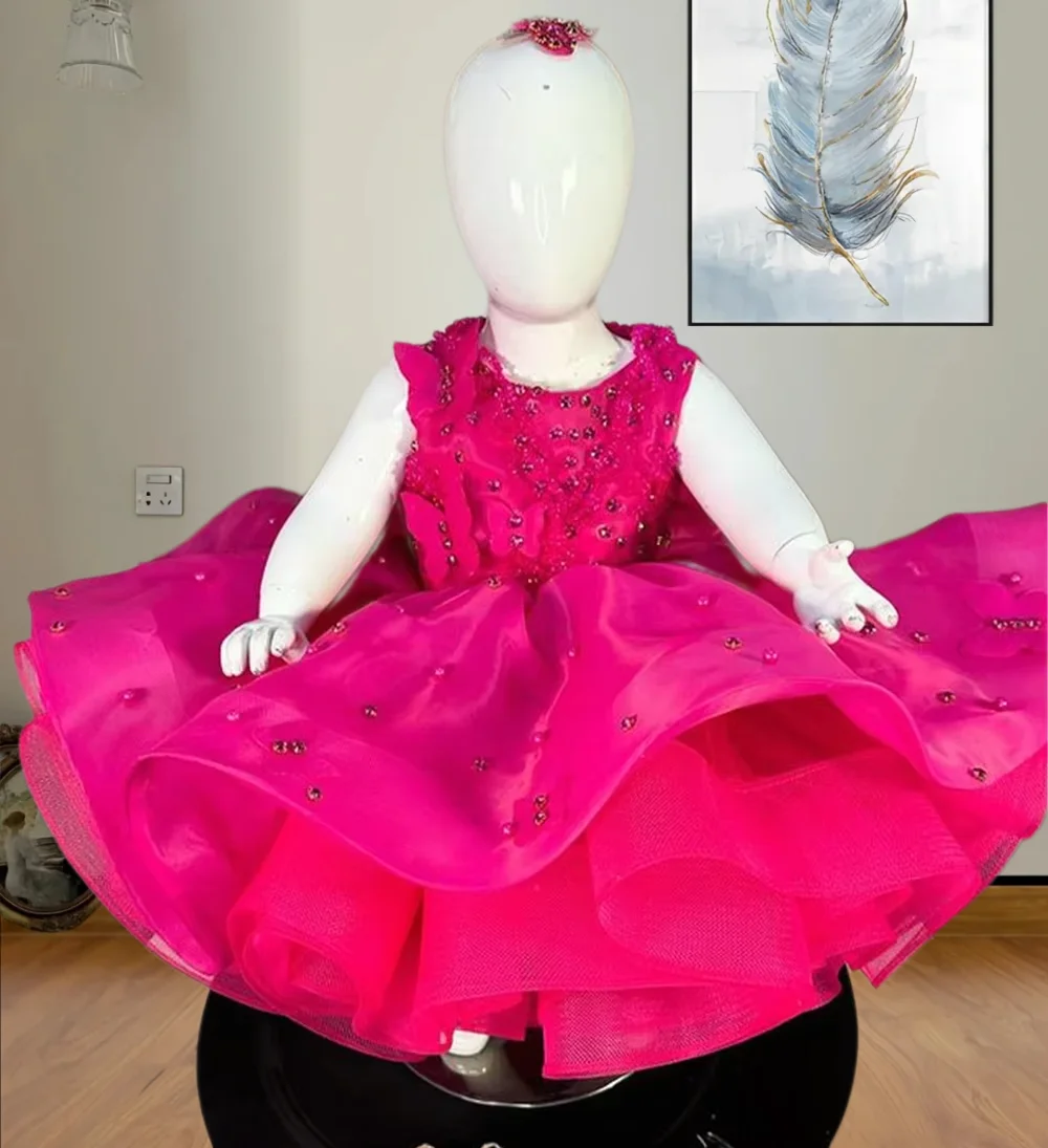 

Lovely Red Fluffy Tulle Flower Girls Dress Fluffy Gem Sequins Bow Formal Little Baby Girls Birthday Party Ball Evening Gowns