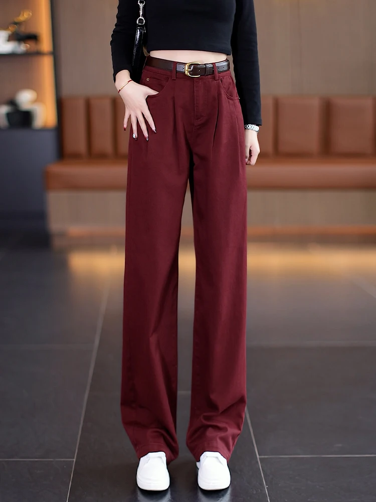 

Джинсы с высокой талией и широкими штанинами прямого кроя для женщин, весенне-осенние, повседневные, свободного кроя, утягивающие, в корейском стиле, из хлопка