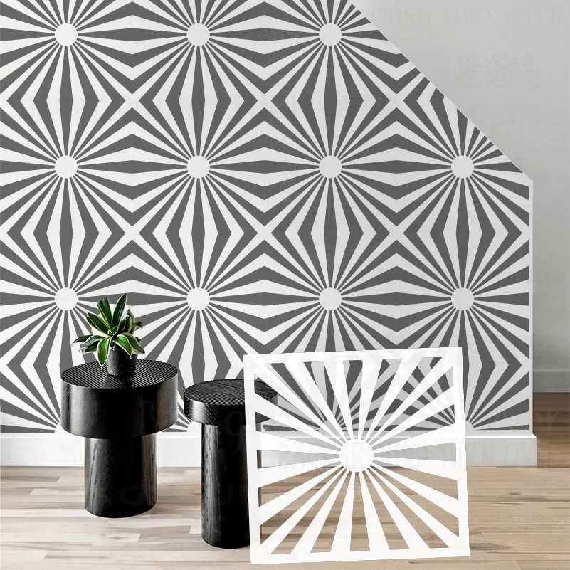 30cm - 70cm Stencil Wall For Plaster Decor Template To Paint Decorative Furniture Makers Painting Sun Ray Geometry Stripe S031