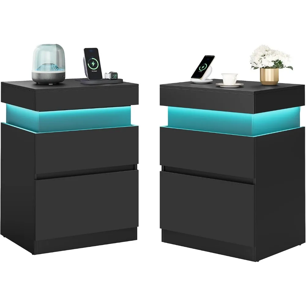 Power Outlet Nightstands, LED Lights, Sliding Lid, Set of 2, Modern 2-Drawer Side Tables, 15.7x18.9x26.8, Ink Black