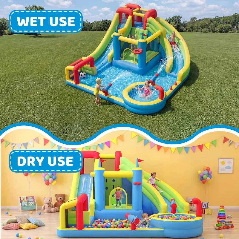 Inflatable Water Slide for Kids Backyard with 750W Blower, Jumping Castle with Water Slide, Water Park Bounce House for Indoor