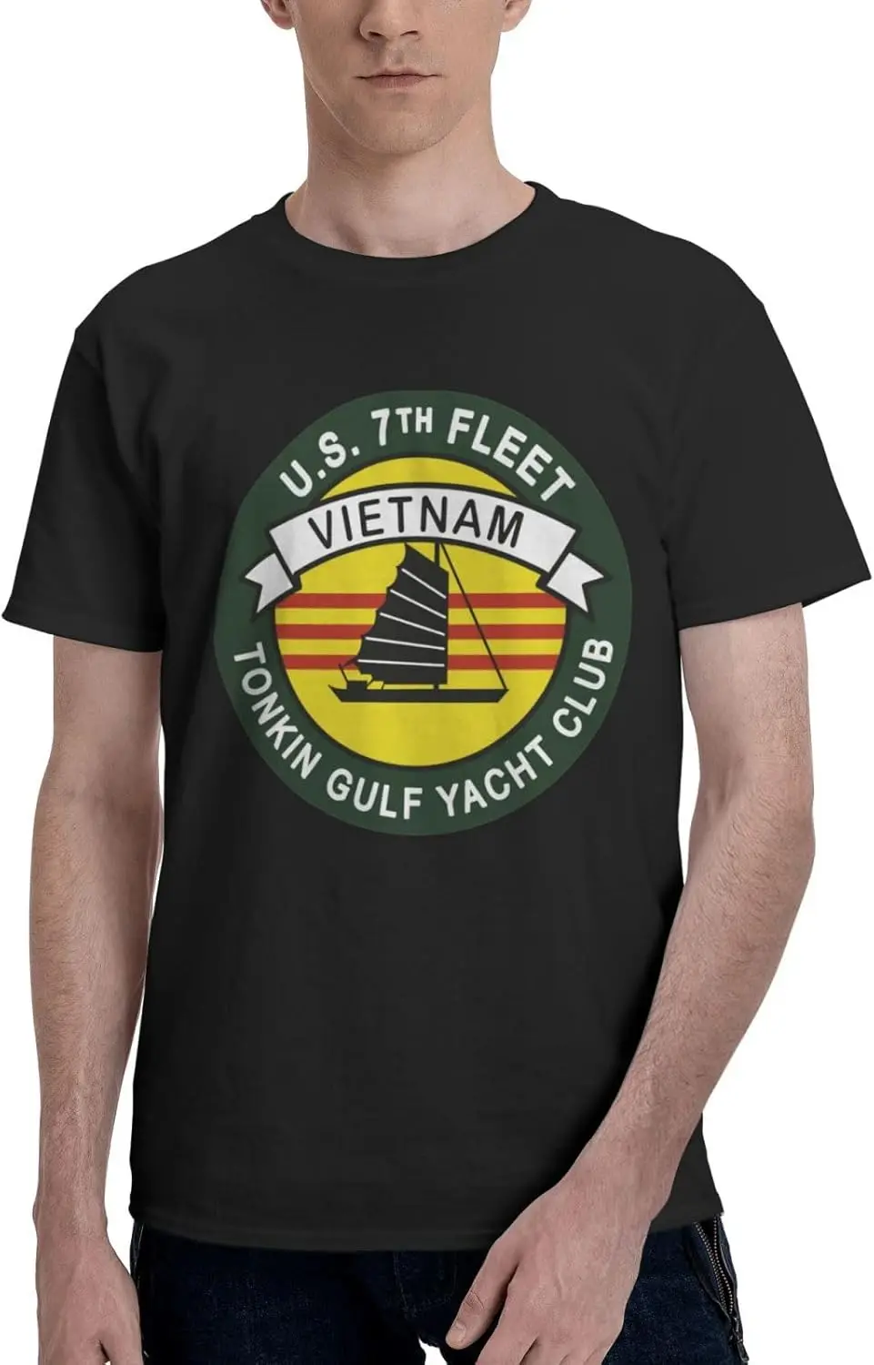 Tonkin Gulf Yacht Club US 7th Fleet Vietnam Men's Classic Crewneck T-Shirt, Cotton Short Sleeve Black