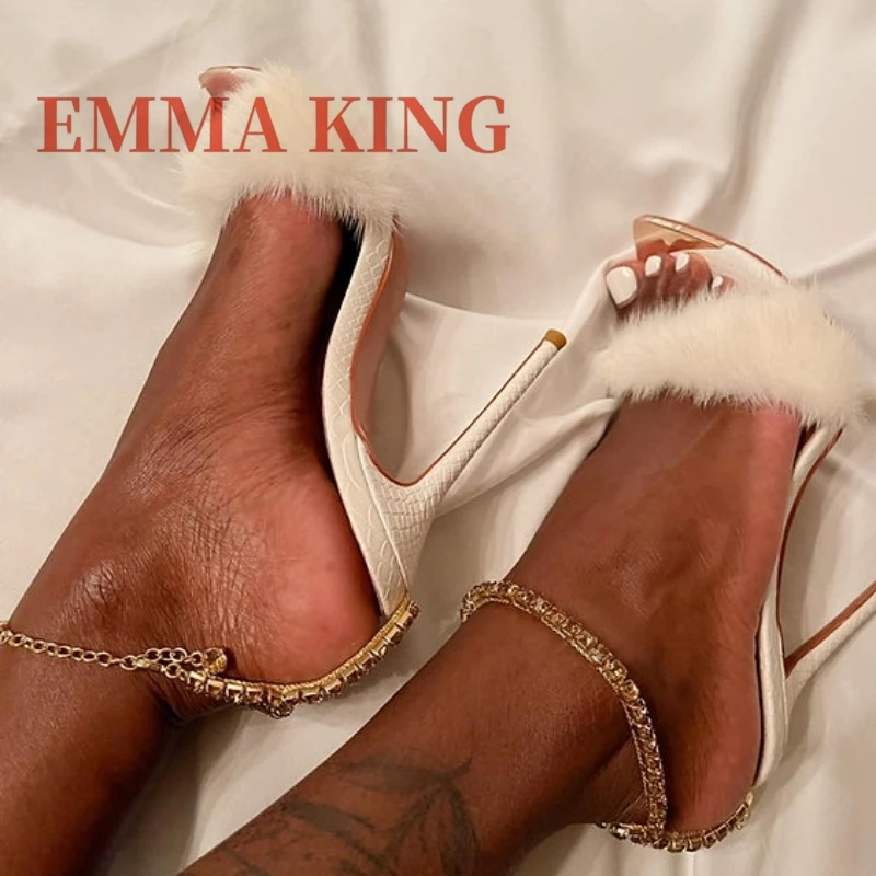 Rhinestone Chain Ankle Strap Sandals,Faux Fur Pointed Toe Stiletto Heel Sandals,Luxury Fluffy Fur Dress Pumps,Prom Party Shoes