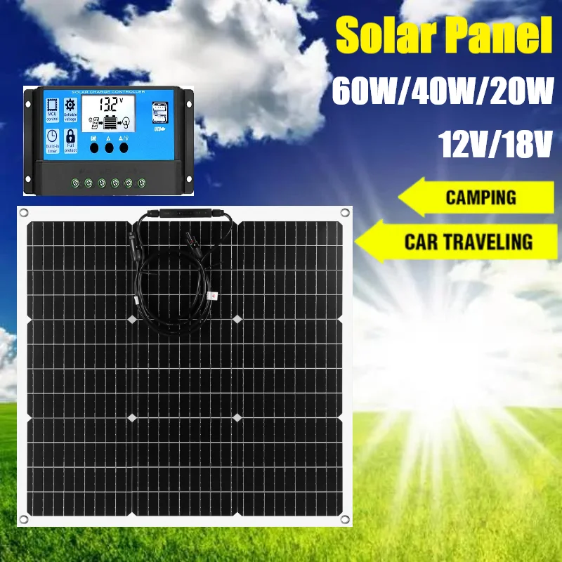 

GGJ 60W/40W/20W Solar Panel 18V 12V Flexible Solar Panels Solar Cell PV Panel with 30A Controller Camping RV Supplies Power Bank