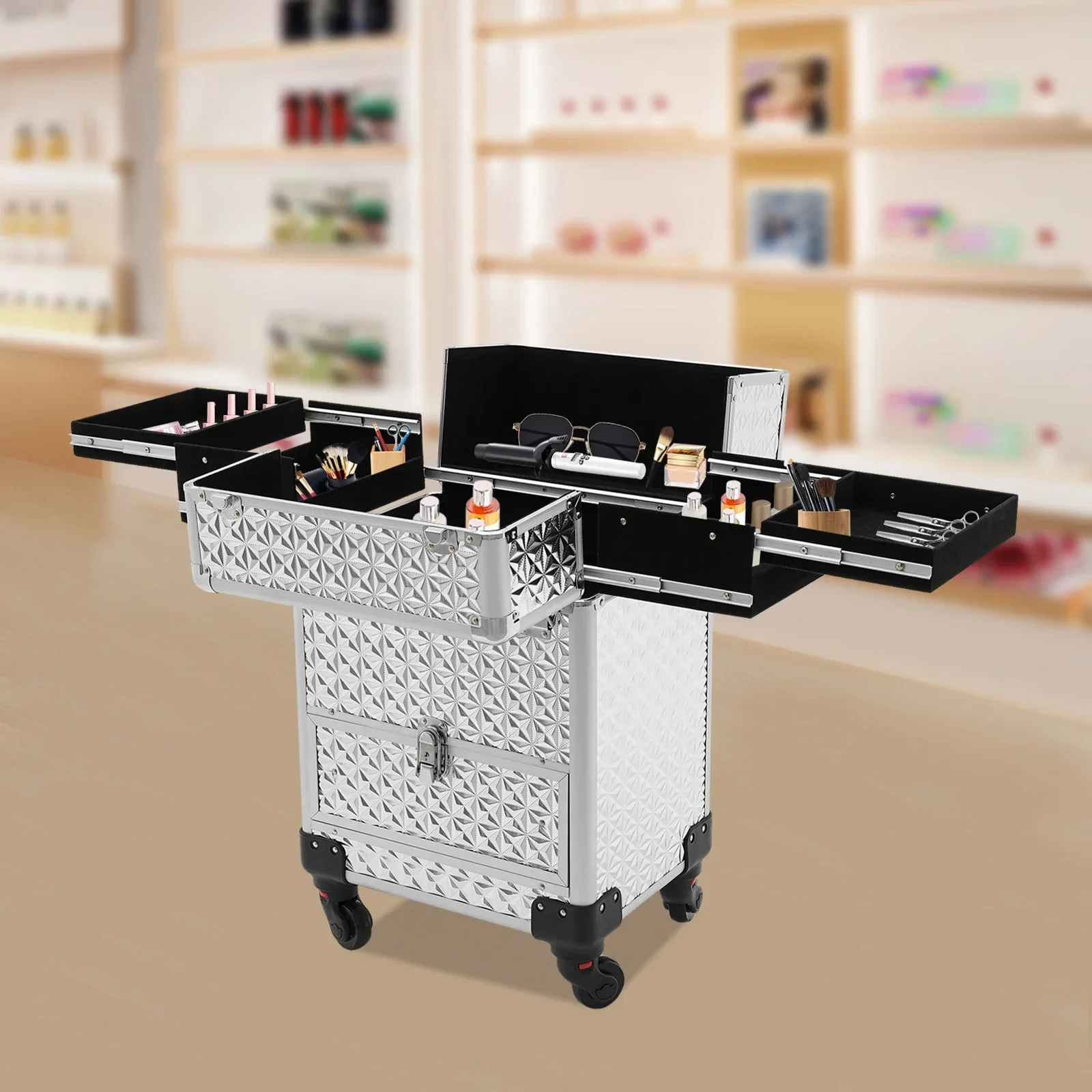 

Cosmetic Rolling Train Case,Travel Makeup Trolley w/ Sliding Storage Drawers,Hairstylist Organizer Box,Salon Barber Case,Silver