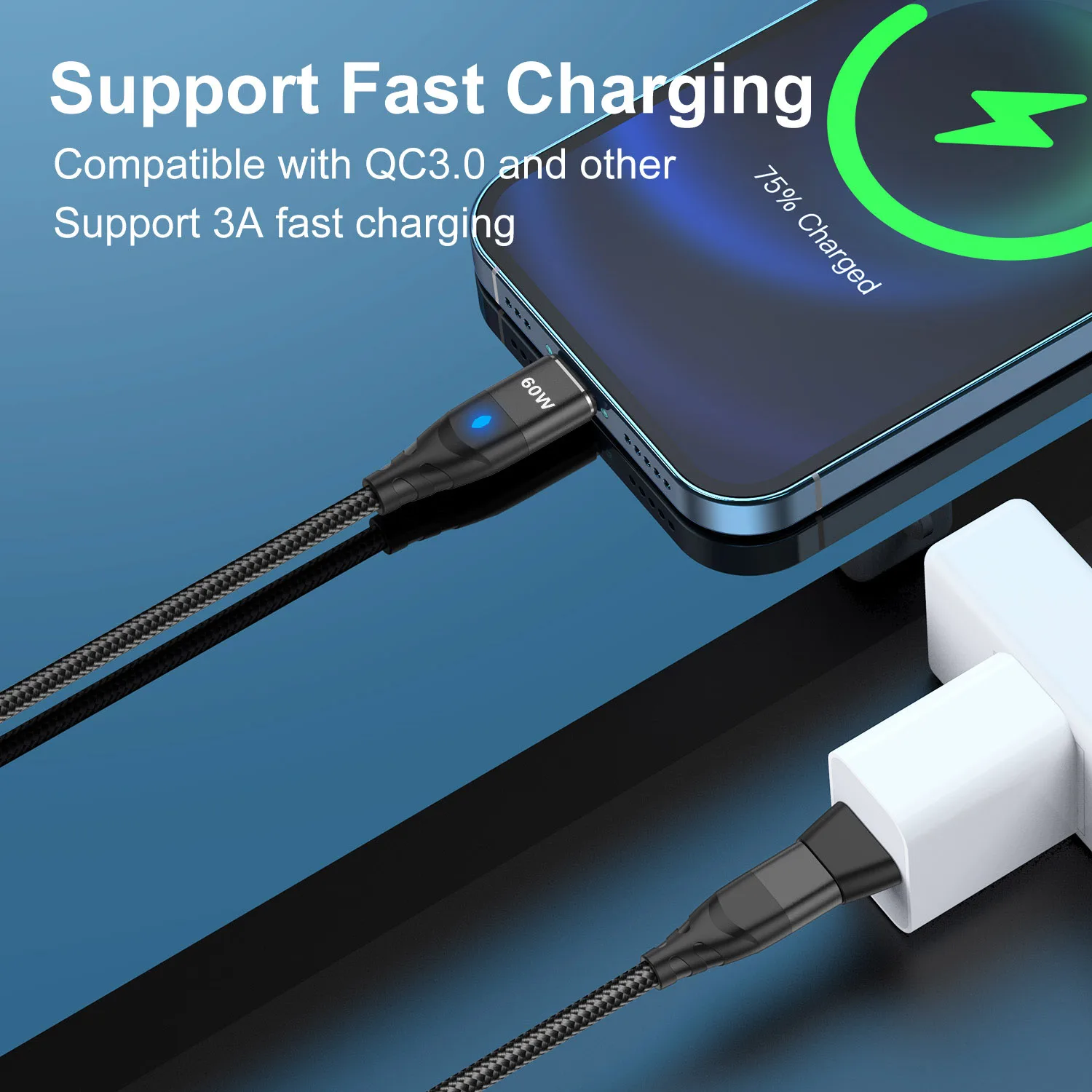 Cabo magnético de carregamento rápido, Tipo C para Tipo C, Micro Data Cord para iPhone, Samsung, Fio do carregador do ímã, USB A Adapter, 60W