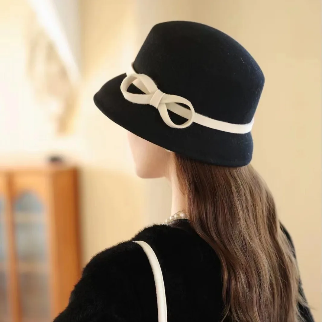 French socialite Hepburn style retro elegant bow fisherman hat High quality women's party  small fragrant wind wool top hat