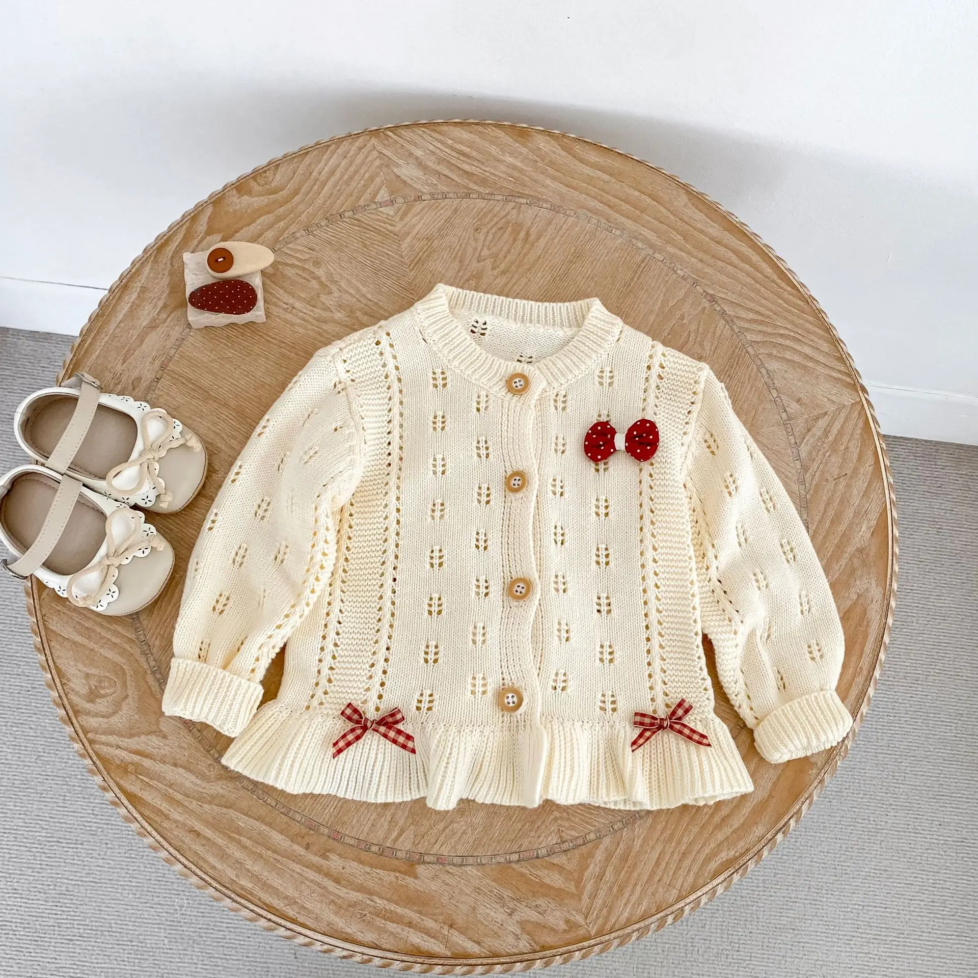 0-4T Baby Girls Bow Knit Sweater Cardigan Hollow Ruffle Hem Long Sleeve Knitwear Toddler Kids Cute Outerwear Winter Coat