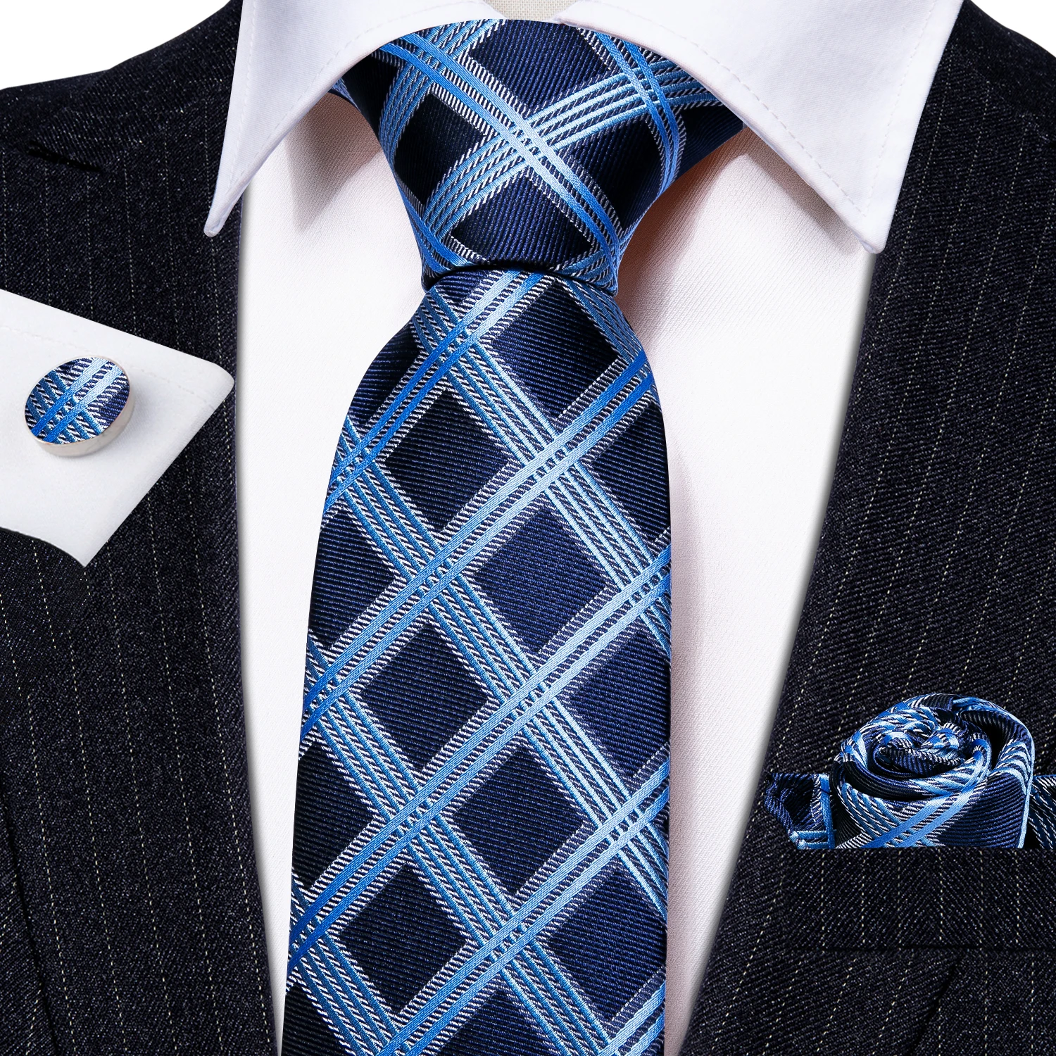 Men Tie Set with Pocket Square Cufflinks, Formal Business Wedding Party Suit Accessories, Jacquard Woven Plaid Checked Necktie