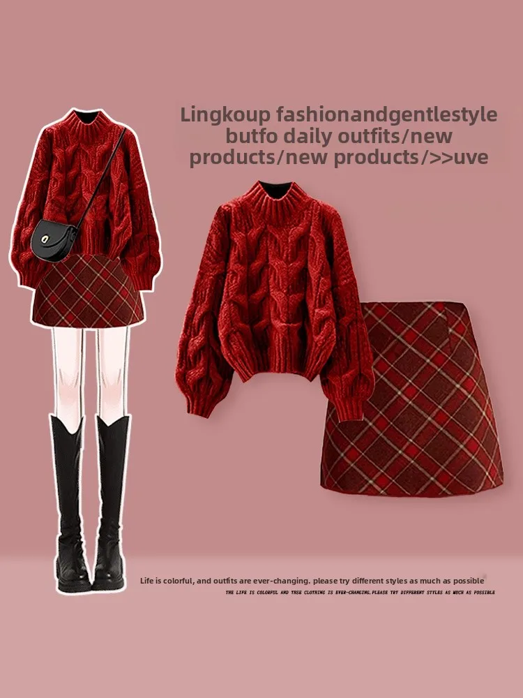 

Cisas Theme Knitted Sweater And Plaid Skirt Set for Women plus Size Autumn Winter Faion Casual Sle Two Piece Suit