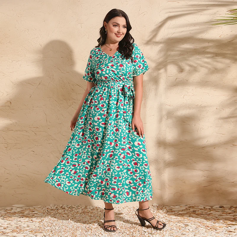 3XL 4XL Plus Size Midi Dress Women 2024 Summer V Neck Short Sleeve Floral Print Green Dress for Women Large Size Beach Dresses