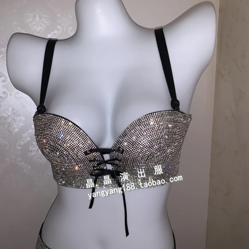 Aangepaste dikke bikini sprankelende diamant podium bh set ondergoed paaldansvoorstelling zwart goud rood roze