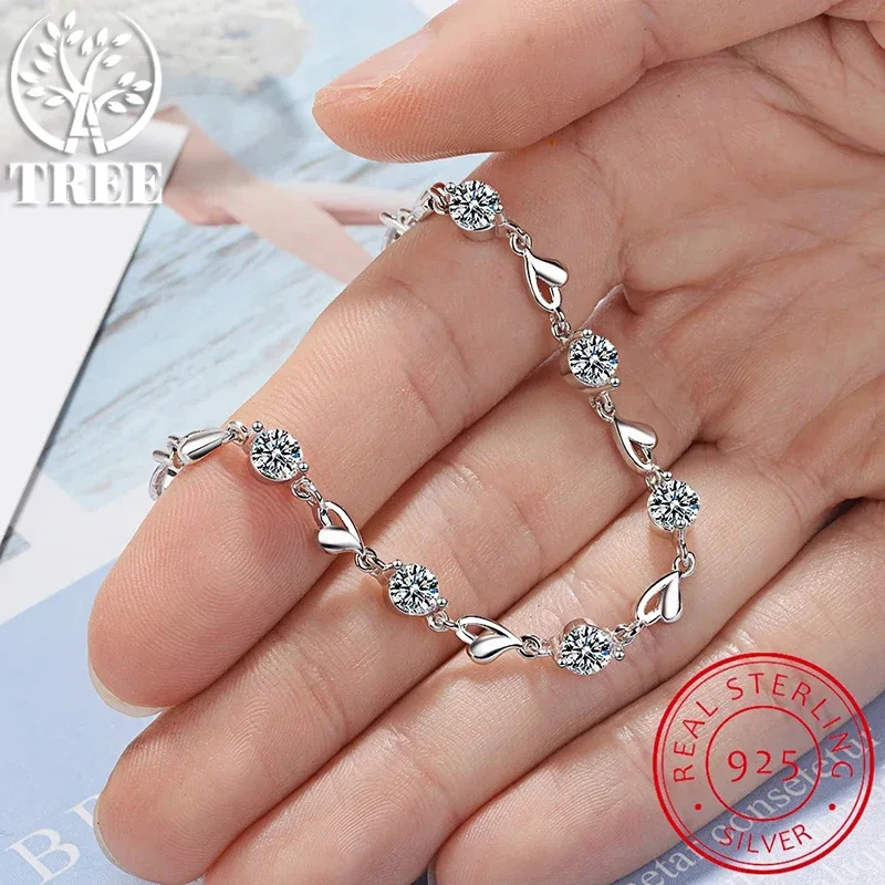 ALITREE 925 Sterling Silver Zircon Crystals Lovers Heart Bracelets For Women Valentines Gift Wedding Party Noble Jewelry