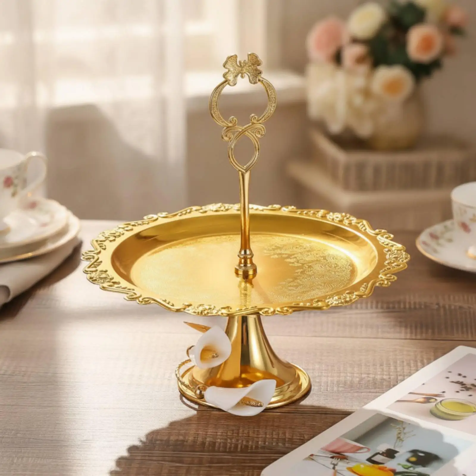 Dessert Stand with Handle Single-Tier Tableware Ornate for Caterers, Party Hosts