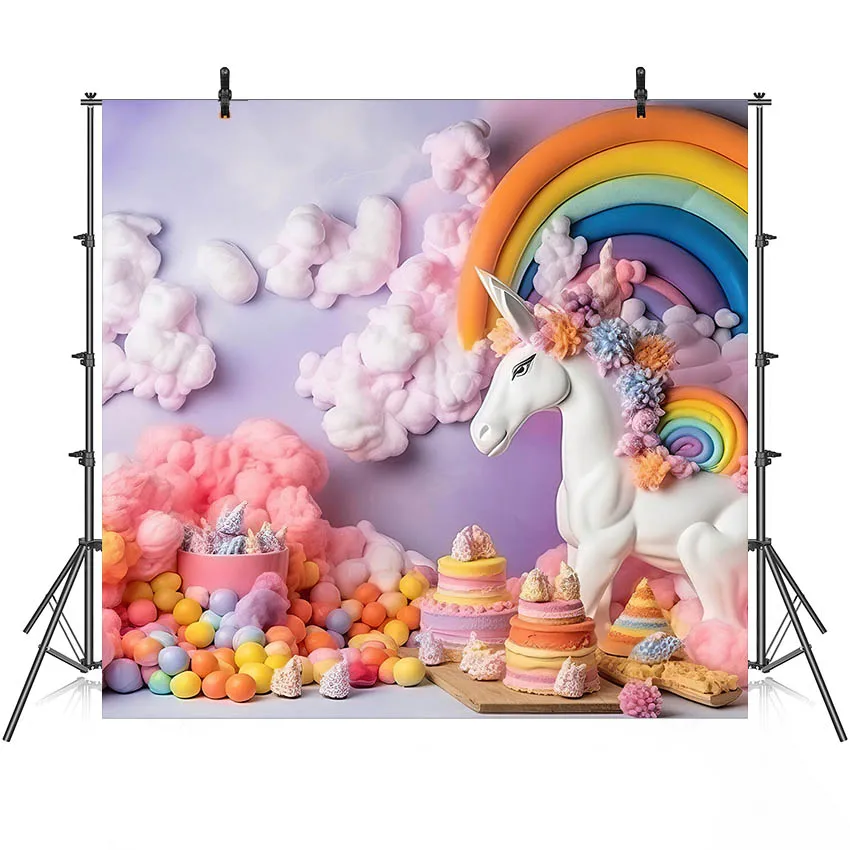 

Mehofond Cake Smash Backdrop for Photography Toy Horse Birthday Decoration Colorful Cloud Background Photo Studio Shooting Props