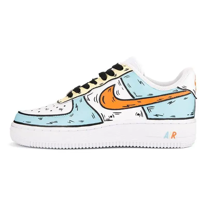 

[Нестандартные женские туфли для скейтборда в мультяшном стиле 2D, синие, оранжевые и желтые] Nike Air Force 1, женские низкие кеды синего, оранжевого/желтого цвета