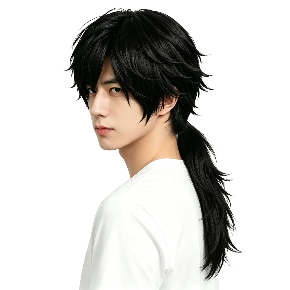 Unisex Tomioka Giyuu Cosplay Wig 65cm Black Spiky Layered Ponytail Heat Resistant Soft Synthetic Hair For Anime Halloween Party