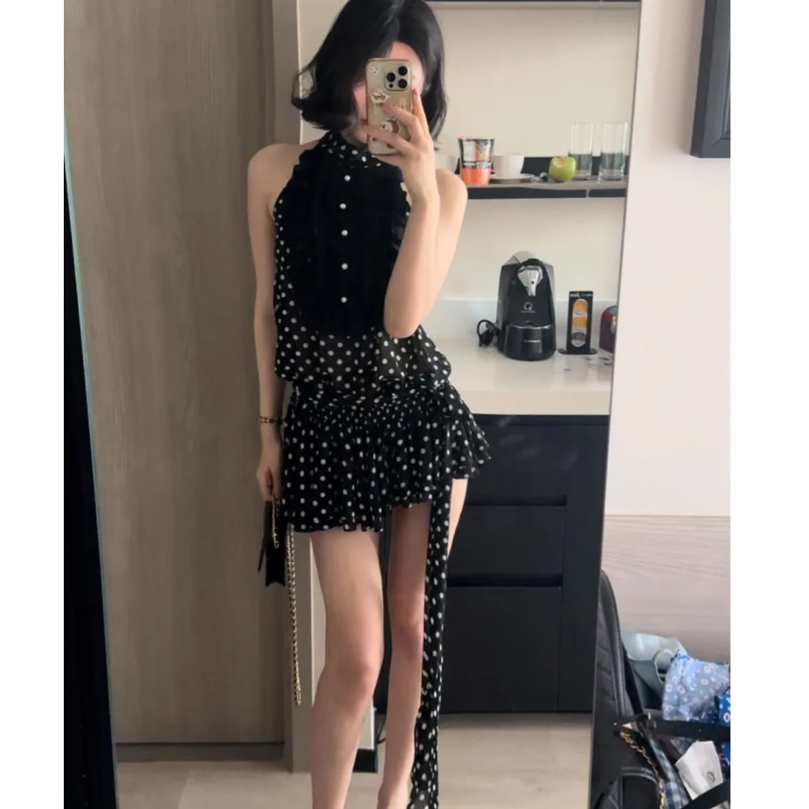 Ofallsis Black Polka Dot Sweet Spicy Irregular Short Hanging Neck Dress 2024 Summer New Slim Splicing Royal Sister Style Dresses