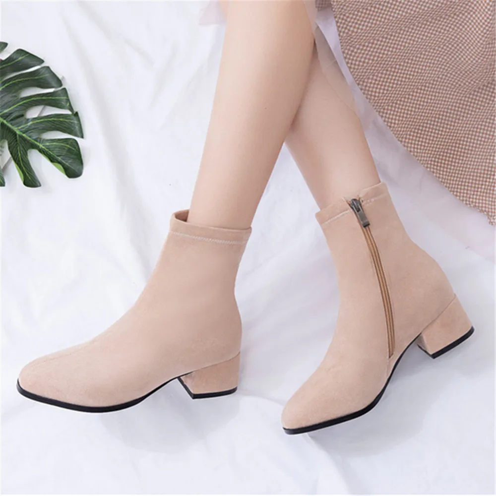 Woman Ankle Boots 2024 Autumn Winter Round Toe Low Heel Flock Black Comfortable Booties Lady Shoes Big Size 31 32 33 40 41 42 43