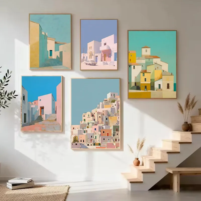 Retro Mid Century Minimalist Mediterranean Alley Architecture Riviera Houses Poster Canvas Painting Wall Pictures Home Decor