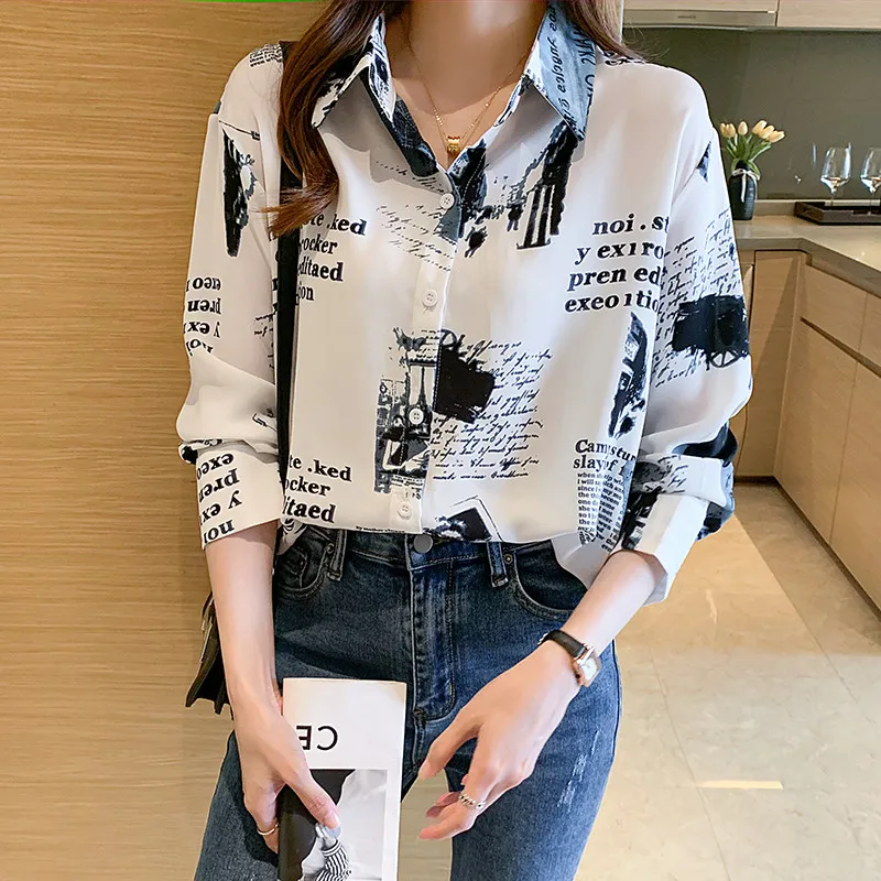 Korean Style Comfort Casual Long Sleeve Letter Printing Blouse Shirt for Women Office Top Clothing Baju