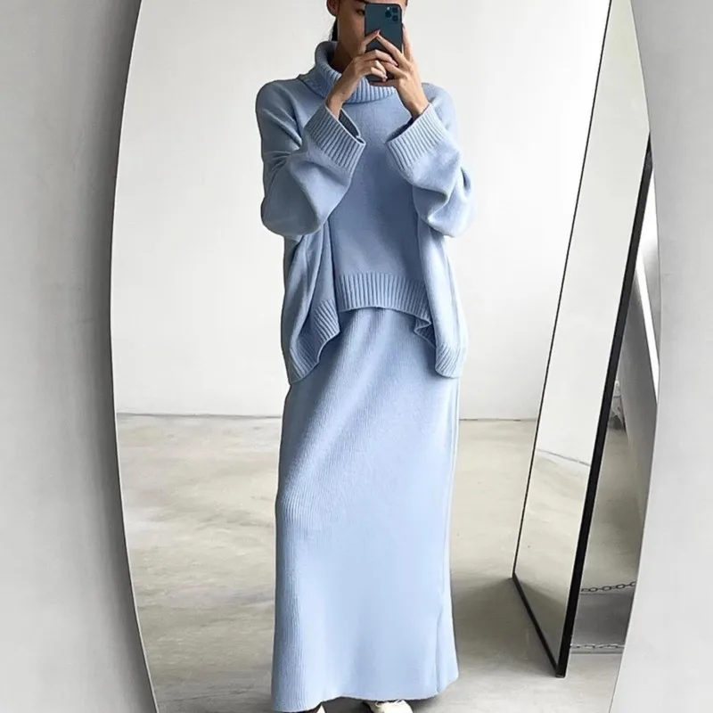 Women Turtleneck Knit Two Piece Set Loose Sweater Long Sleeve Maxi Skirt Ribbed Solid Elegant Commute Fall Winter Outfit