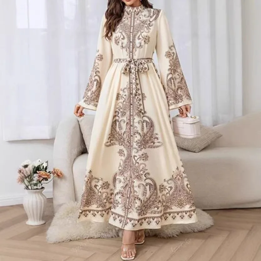 Print Dress Women Eid Abaya Party Dresses Muslim Jalabiya Sashes Islam Vestidos Arab Long Robe Ramadan Morocco Dubai Kaftan