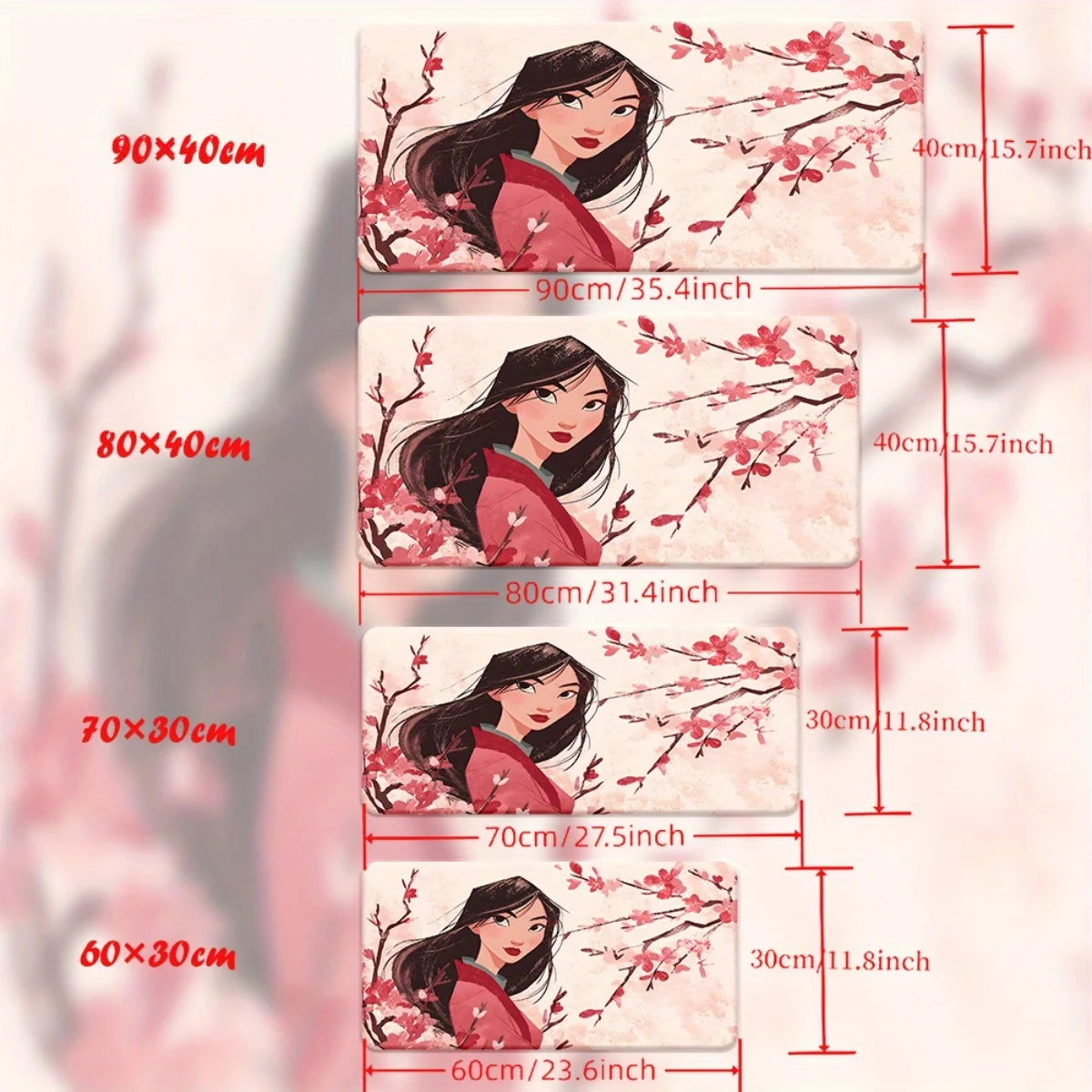 قطعة واحدة من وسادة ماوس ديزني مولان الكبيرة مقاس XXL وحصيرة مكتب - قاعدة مطاطية غير قابلة للانزلاق، مولان في الزي الصيني التقليدي مع زهر الكرز #6