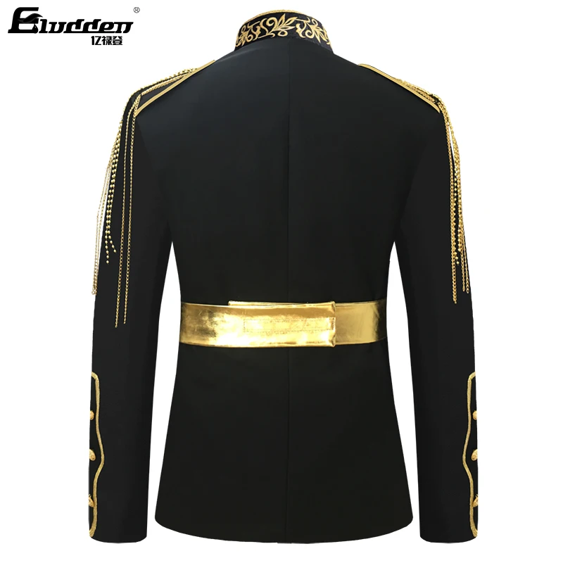 Men Stage Performance Costume DJ Dance Jacket Gold Brocade Strip Blazers sash Decoration Dress Rock Singer Night Venue Host Coat